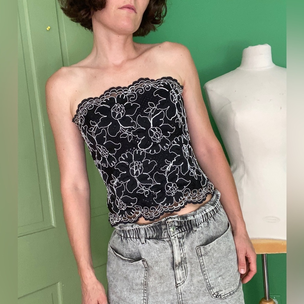 Y2k vintage Jessica McClintock Black White Lace Floral corset bustier